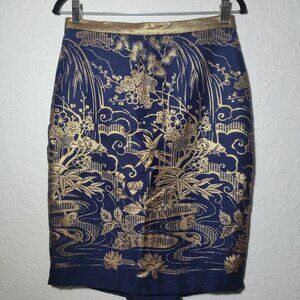 Anthropologie Eva Franco Novelty Asian Japanese Print Brocade Gold Navy Sz 2
